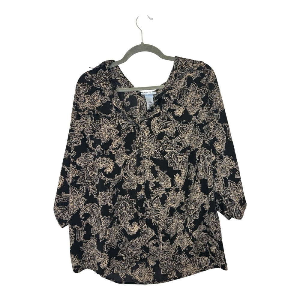 Catherines Black Tan Paisley Blouse 3/4 Sleeve Workwear Top Size 0X 14/16